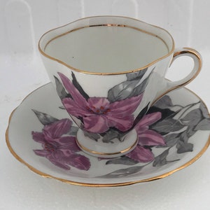 Vintage Royal Windsor Tea Cup and Saucer: Fine Bone China, Purple Iris
