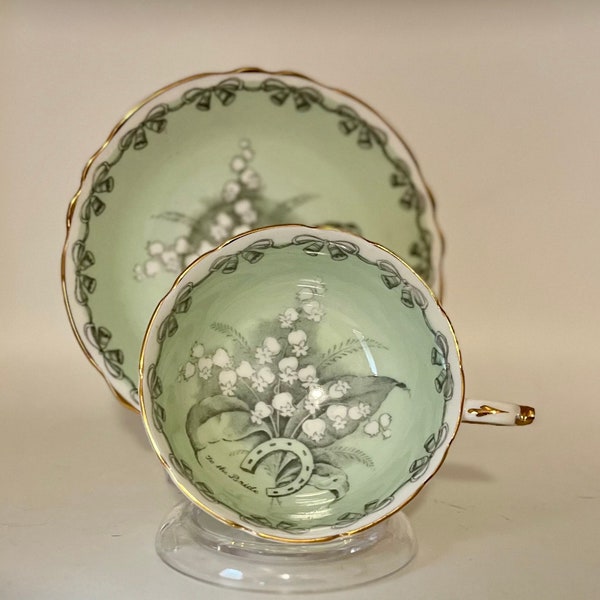 Paragon, Teacup and Saucer, to the Bride, Lilly of the Valley, pale green, wedding bells, Fine Bone China, gift for her