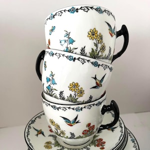 Ensemble de tasses à thé Collingwood Brothers vintage : oiseaux et fleurs peints à la main, porcelaine fine art déco