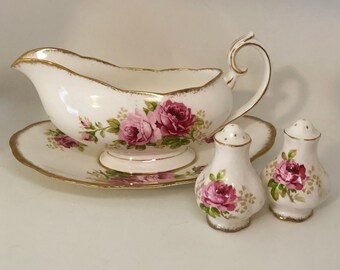 Royal Albert American Beauty Gravy Boat Set with Salt & Pepper Shakers