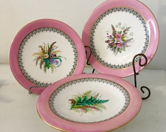 Antique Pink Rimmed  Plates,Royal  Worcester,   Hand Painted Floral  Dessert Set , Fine Bone China , Made in England, Vintage Home Decor