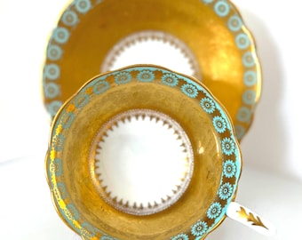 Vintage Royal Stafford Turquoise Teacup and Saucer: Gold Fine Bone China