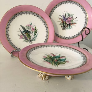Royal Worcester Antique Dessert Set: Pink Rim Floral Plates & Compote