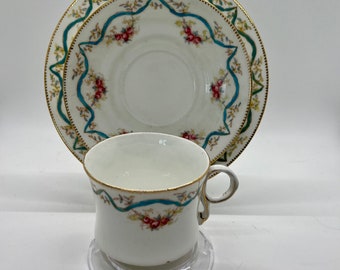 Teacup and Saucer with Dessert plate, Vintage 1900, Balmoral  for Apsley Pellatt and Co,London,  trios ,Hand painted Fine China,Turquoise