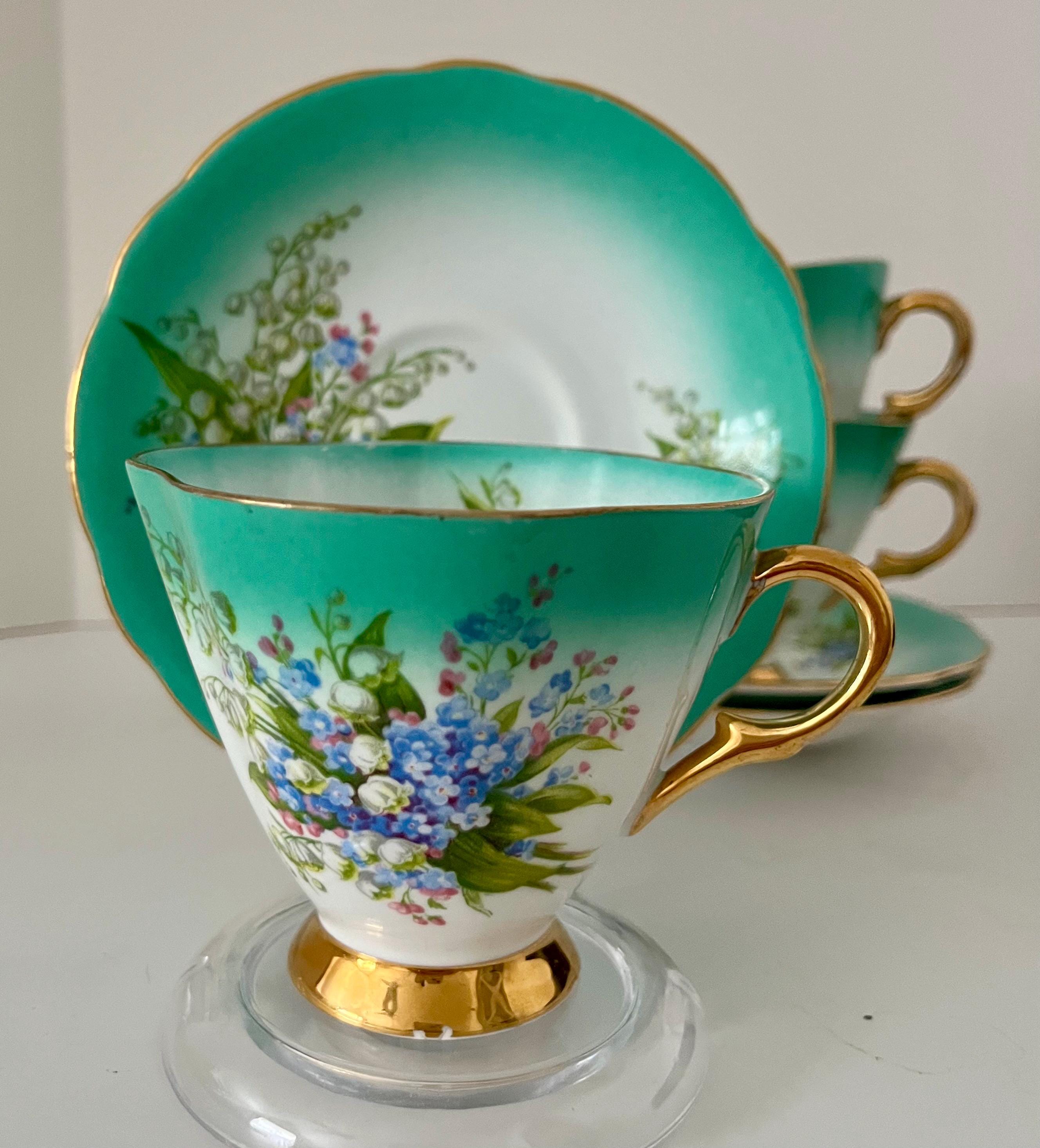 Teacup and Saucer, forget me not, Turquoise rims with gold,Set of three, Vintage maximalism, Gift for tea lover, fine bone china ,England