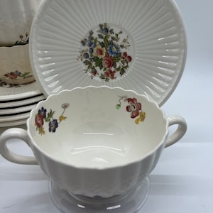 Wicker lane, Copeland Spode, 6 sets double handled bullion/soup  bowls with under plates, Vintage dinnerware, kitchen decor,England