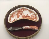 Red Aves, Royal crown Derby, Crescent dish and knife set in Original box, Back stamp 1954, Good vintage condition ,Fine bone china