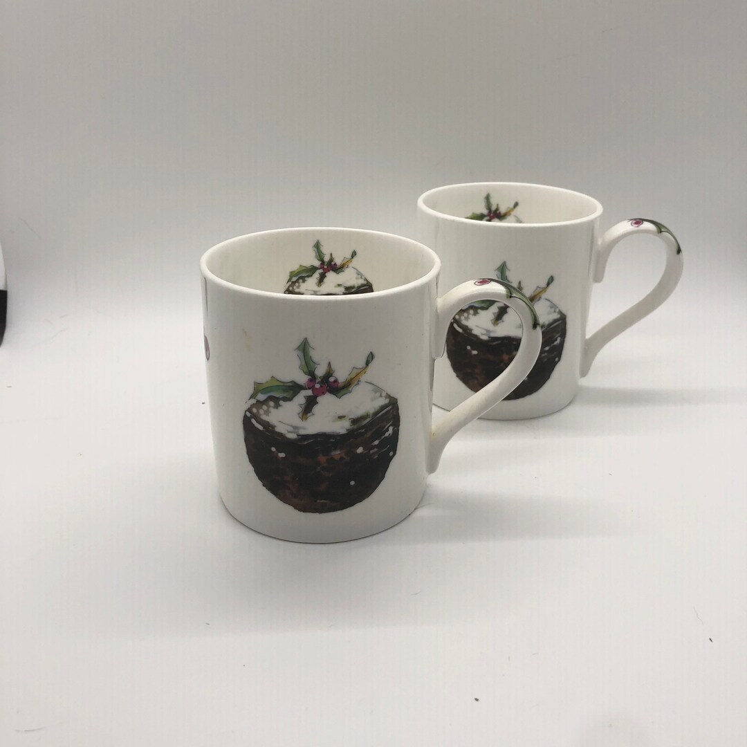 Christmas Pudding Mugs: Fine Bone China Set of Two, Made in