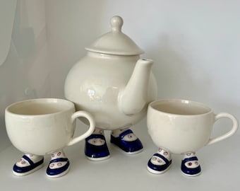 Walking Tea Pot and Two Walking Cups, Blue shoes and patterned socks, Made in England for Carlton Ware ,Hand Painted Tea Set