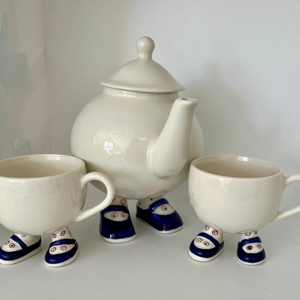 Walking Tea Pot and Two Walking Cups, Blue shoes and patterned socks, Made in England for Carlton Ware ,Hand Painted Tea Set