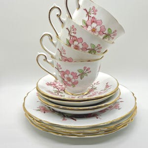 Vintage Grovesnor Fine Bone China Teacup Set: Pink Blossom, Gold Rim (Made in England)