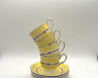 Vintage Grindley Demi Tasse Set: Sunshine Yellow Floral Espresso Cups