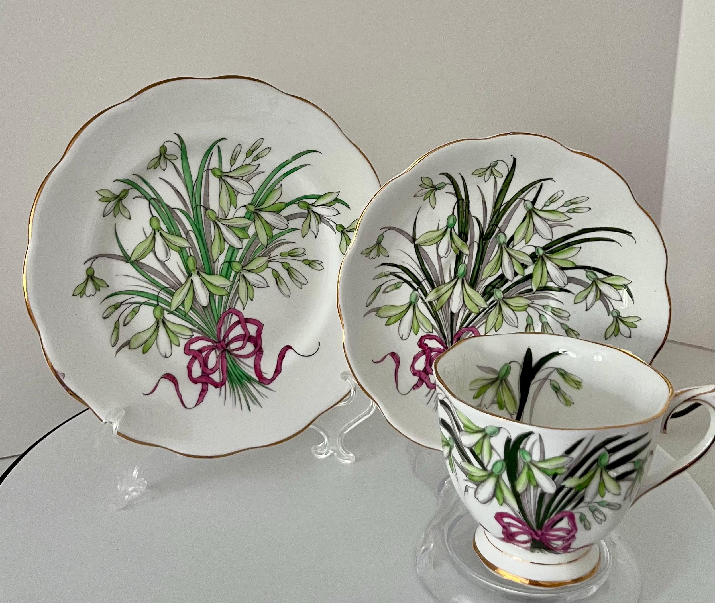 Royal Albert Snowdrop Teacup Set: Hand-Painted Fine Bone China, Gold Detail