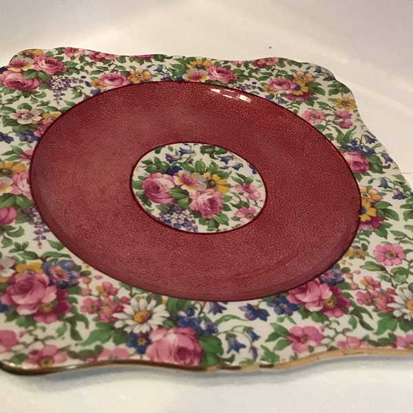 Royal Winton Summertime Square Dessert Plate  Chintz, Older pattern, Great Gift in Good Vintage , Made in England Pink and floral design