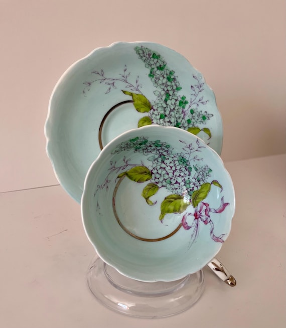 Vintage Paragon Teacup and Saucer: Turquoise Lilac Floral, Fine Bone China