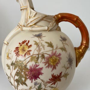 Royal Worcester Vase/Pitcher, Regency bamboo handle and hand painted florals, @1899 Vintage Home Decor, Made in England