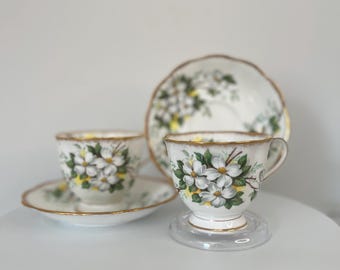 Royal Albert White Dogwood Teacup Set: Vintage Fine China, Made in England