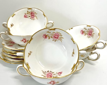 Royal Crown Derby Pinxton Bullion Bowls: Pink Rose, Gold Rim (Set of Six)