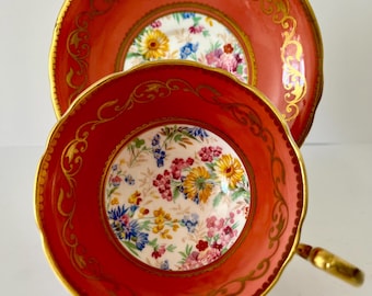 Vintage Aynsley Teacup and Saucer: Coral Floral, Gold Trim