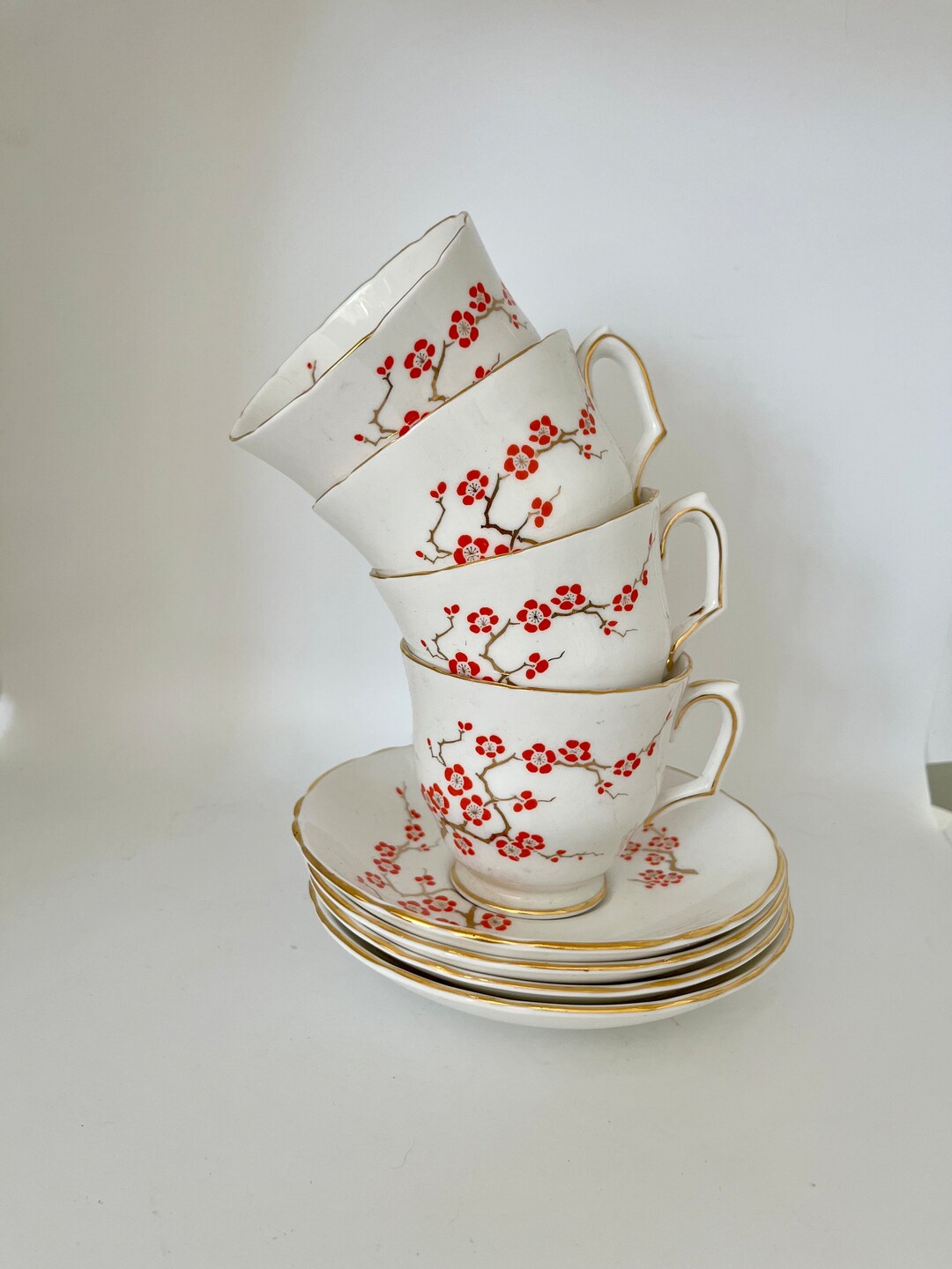 Vintage Staffordshire Teacups and Saucers: Hand Painted Cherry