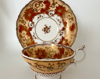 Ridgway ,Teacup and Saucer, 2/3197 , Argyle shape , Apricot and Orange with gilding intact, C1800s , Good vintage condition ,