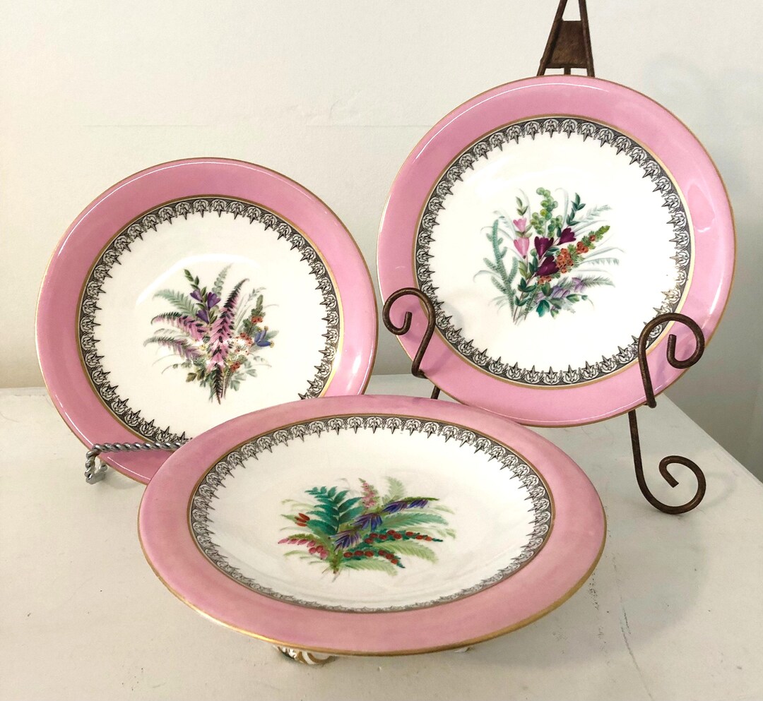 Antique Royal Worcester Dessert Set: Pink Rim, Floral Hand-painted Fine ...