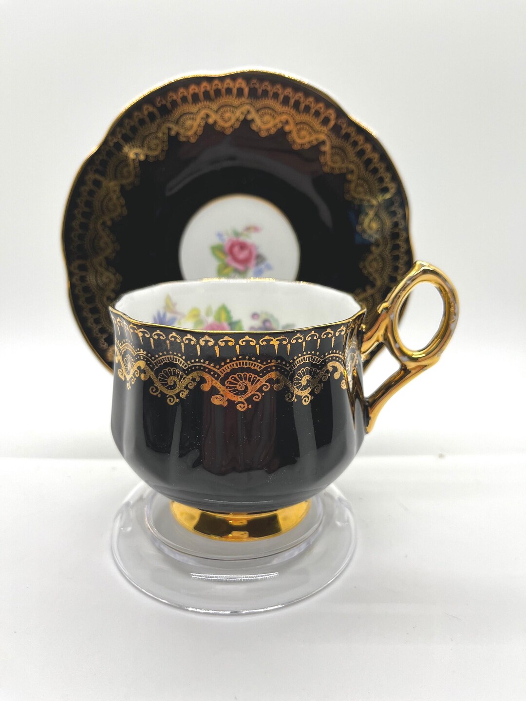 Vintage Rosina Black Gold Teacup and Saucer: Floral Bone China