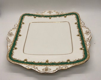 Paragon Plate in Green and Gold, Vintage Square eared plate, Fine Bone China, England, Queen Elizabeth ,Royal warrant