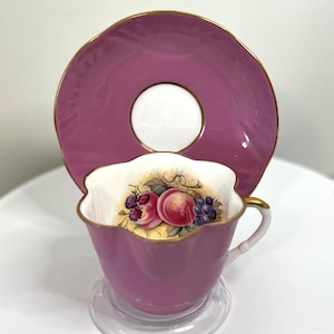 Purple Tea cup and saucer , fruit interior, Rare shape, Great Gift for Tea Lover ,Made in England , Fine Bone China, vintage Maximalism