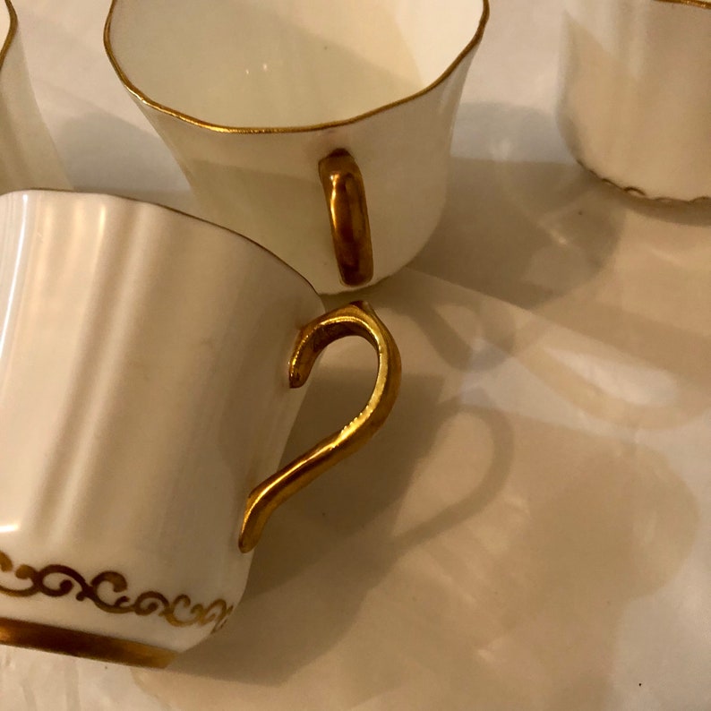 Teacup and Saucers , Demi tasse / Espresso / Coffee cups , Vintage , White and Gold,fine bone china, Six cups and Five saucers, reusable image 7