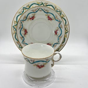 Vintage Balmoral China Teacup Trio: Hand-Painted Roses, Turquoise Ribbons