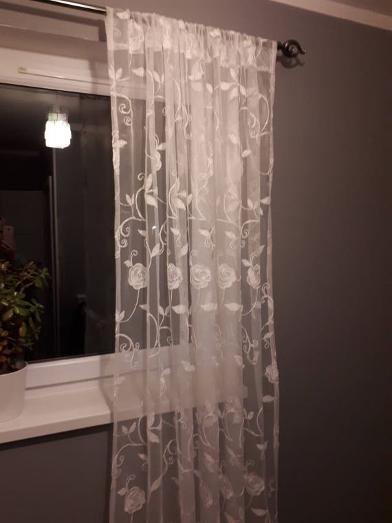 Net Curtain Panel Lace With Embroidered Rose Design Made To Etsy
