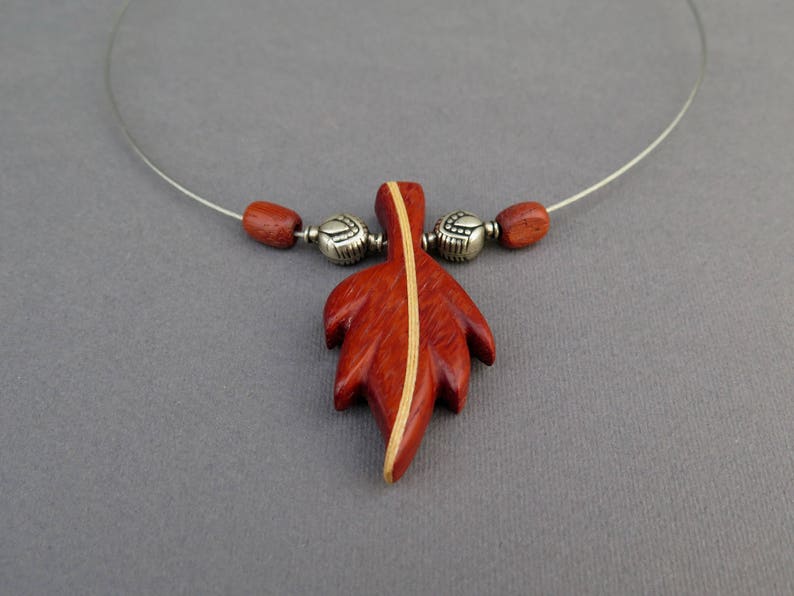 ash steel ethnic geometric tribal necklace natural exotic Pendant wood choker Padouk leaf beads pendant