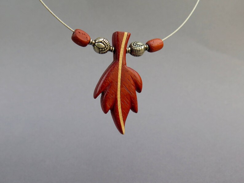 ash steel ethnic geometric tribal necklace natural exotic Pendant wood choker Padouk leaf beads pendant