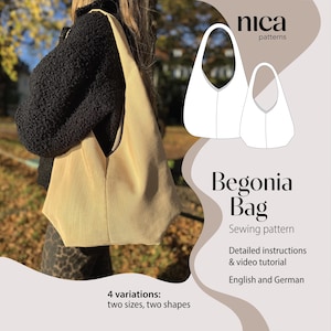 Könnte beinhalten: Eine beigefarbene Tragetasche mit ungewöhnlicher Form wird gezeigt. Das Bild enthält eine Strichzeichnung der Tasche und den Text "Begonia Bag Sewing pattern" mit Details zum Schnittmuster und den verfügbaren Größen und Formen.