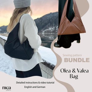 Könnte beinhalten: Eine schwarze Umhängetasche und eine braune Tragetasche werden gezeigt. Die Taschen sind Teil eines Schnittmuster-Bundles namens "Olea & Valea Bag". Das Bild enthält den Text "Detailed instructions & video tutorial" und "English and German."