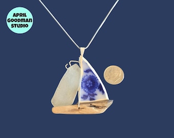 Extra Large China, Sea Glass and Driftwood Sailboat Necklace