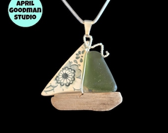 Frosted Dark Green Sea Glass, Pottery, and Driftwood Sailboat Necklace