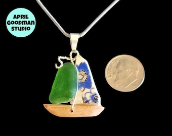 Frosted Green Sea Glass, Pottery, and Driftwood Sailboat Necklace