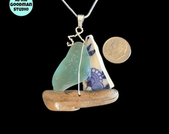 Large China, Seafoam Sea Glass and Wood Sailboat Necklace