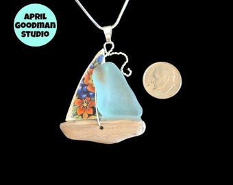 Large China, Seafoam Sea Glass and Wood Sailboat Necklace