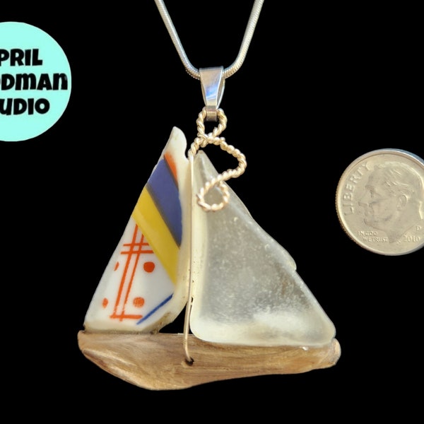 China, Sea Glass and Driftwood Sailboat Necklace