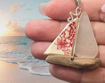Vintage China, Seaglass, and Driftwood Sailboat