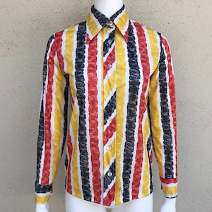 70s VINTAGE BROOKVALLEY blouse collared button down dress shirt long sleeve blue red white yellow striped Union Made small medium USA S M