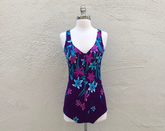 70s 80s VINTAGE swimsuit purple pink & blue Hawaiian floral print one piece full coverage bathing suit boy shorts bottom small medium S M