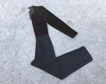 80s 90s VINTAGE jumpsuit black & purple stretch velvet striped color block zip front long sleeve loose straight leg pockets small S