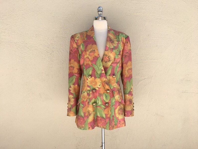 1990/'s VINTAGE Bettina Spitz designer blazer pastel pink tangerine lime green floral print tailored linen jacket pockets small medium S M 38