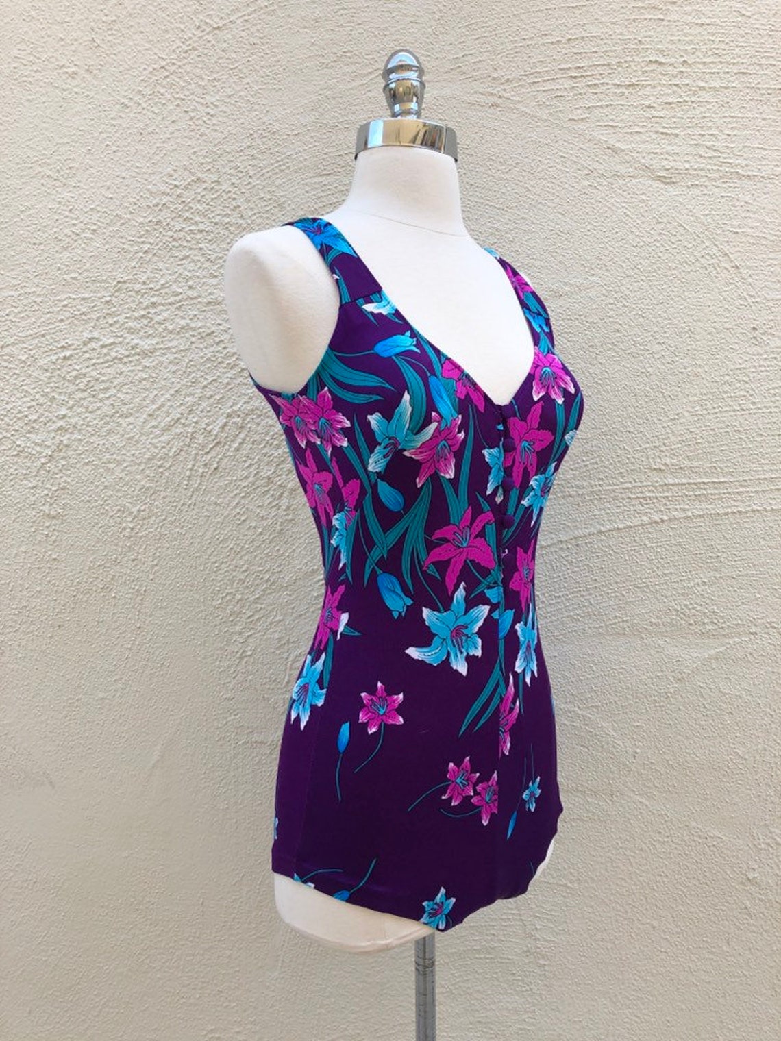 70s 80s VINTAGE Swimsuit Purple Pink & Blue Hawaiian Floral - Etsy