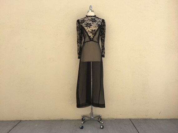 70s VINTAGE sheer black lace bodice maxi dress hig