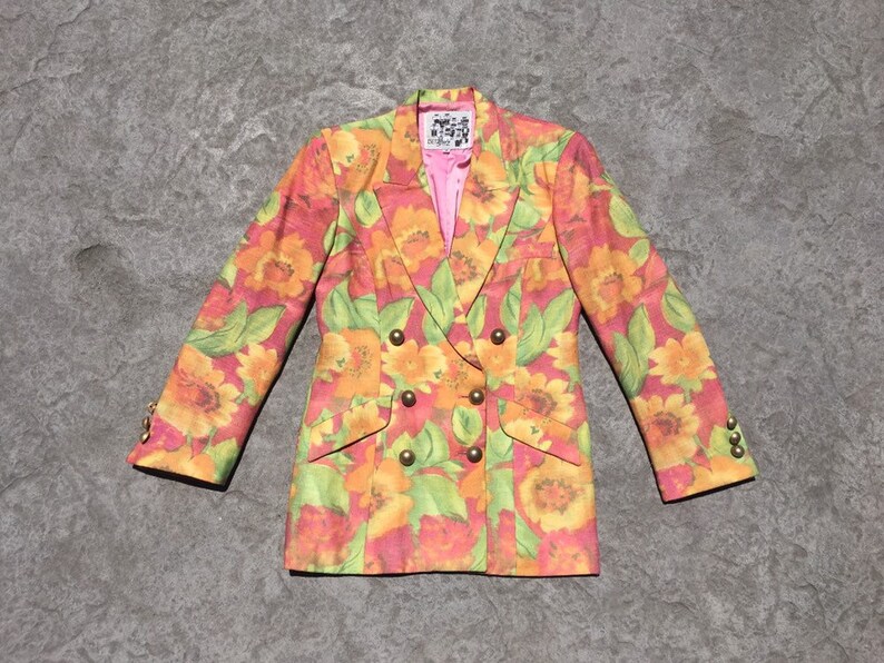 1990/'s VINTAGE Bettina Spitz designer blazer pastel pink tangerine lime green floral print tailored linen jacket pockets small medium S M 38